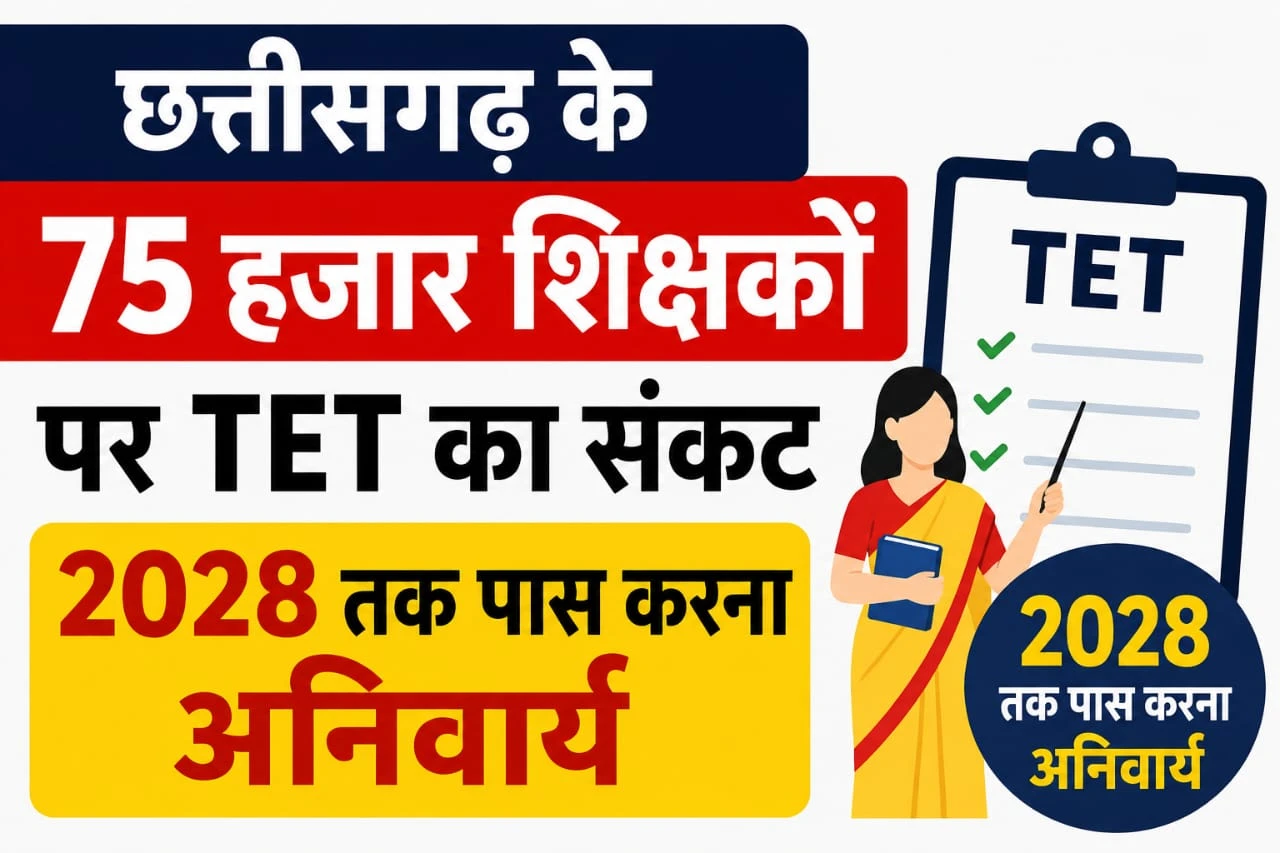 छत्तीसगढ़ के करीब 75 हजार शिक्षकों के लिए TET को लेकर बड़ा अपडेट है। बिना TET वाले शिक्षकों को 31 अगस्त 2028 तक परीक्षा पास करनी होगी।