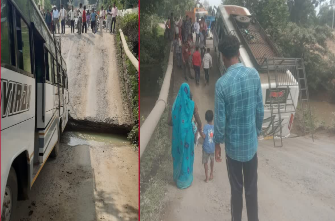बिलासपुर में बड़ा हादसा टला: पुल धंसते ही बीच में फंसी पुष्पराज बस, सभी यात्री सुरक्षित